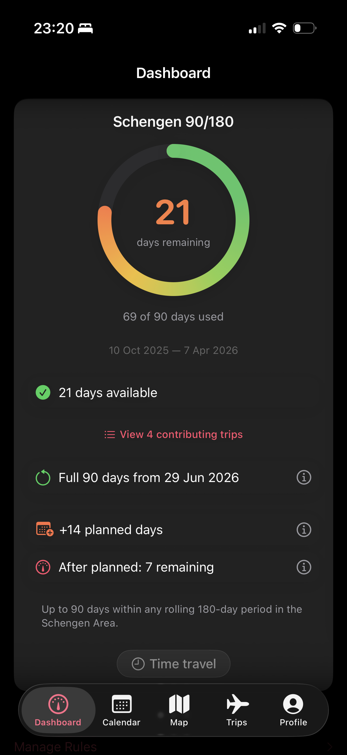 Overstay dashboard showing Schengen 90/180 gauge with 21 days remaining, contributing trips, and time travel feature
